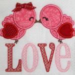 This LOVE bird applique is large and therefore may not be able to fit on some items.  Please inquire or details.  Add bow $1.00 for a girl bird.